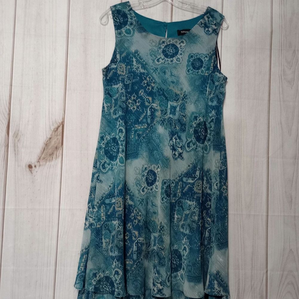 R&M Richards Womens Blue Teal Medallion Paisley Metallic A-Line Dress Size 12